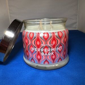 PartyLite Peppermint Bark 3 wick Candle with Red and Silver Design
